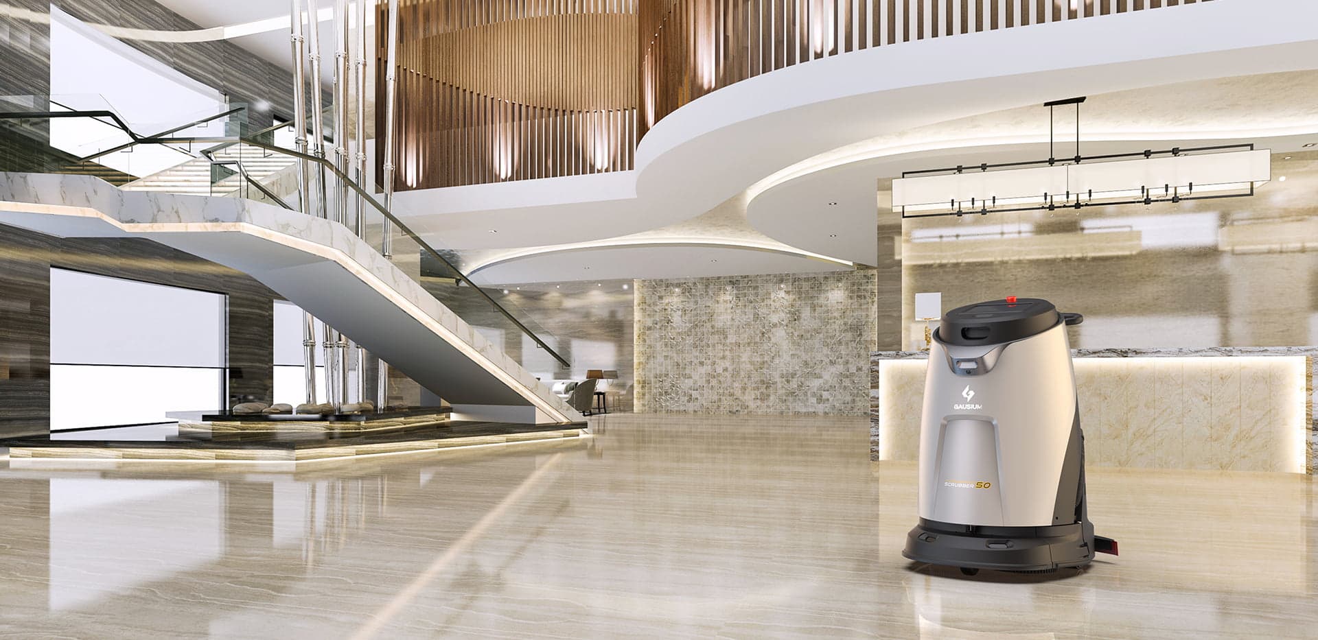 Luxury hotel lobby with autonomous cleaning robot